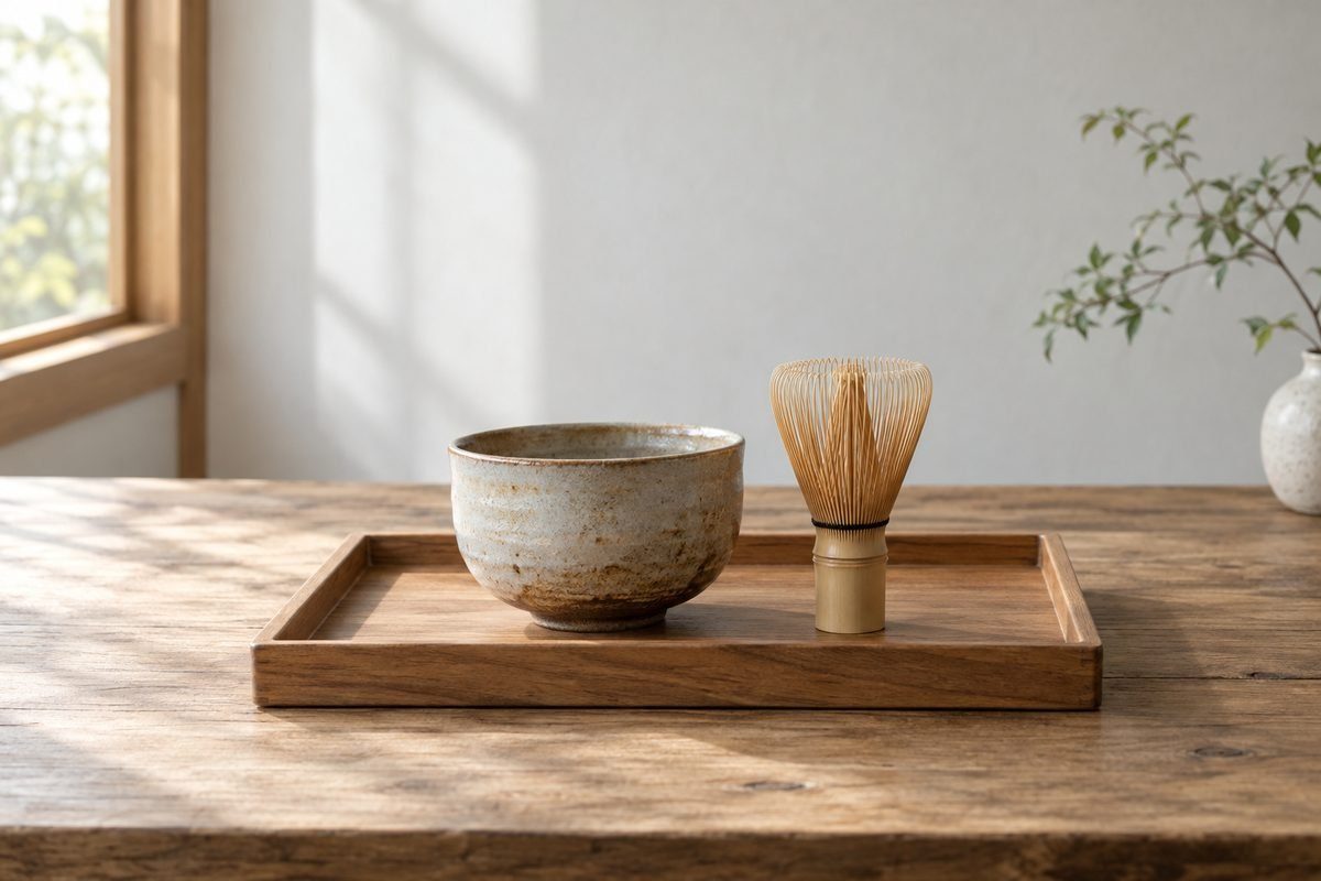 古い茶道具の茶碗と茶筅を置いた木の盆