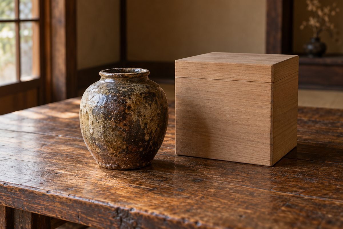 木の机に置いた古い陶磁器の壺と桐の箱、柔らかな自然光