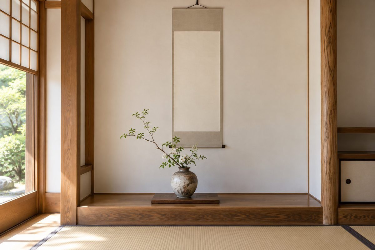 和室の床の間に掛けた絵柄のない掛け軸と骨董の花器