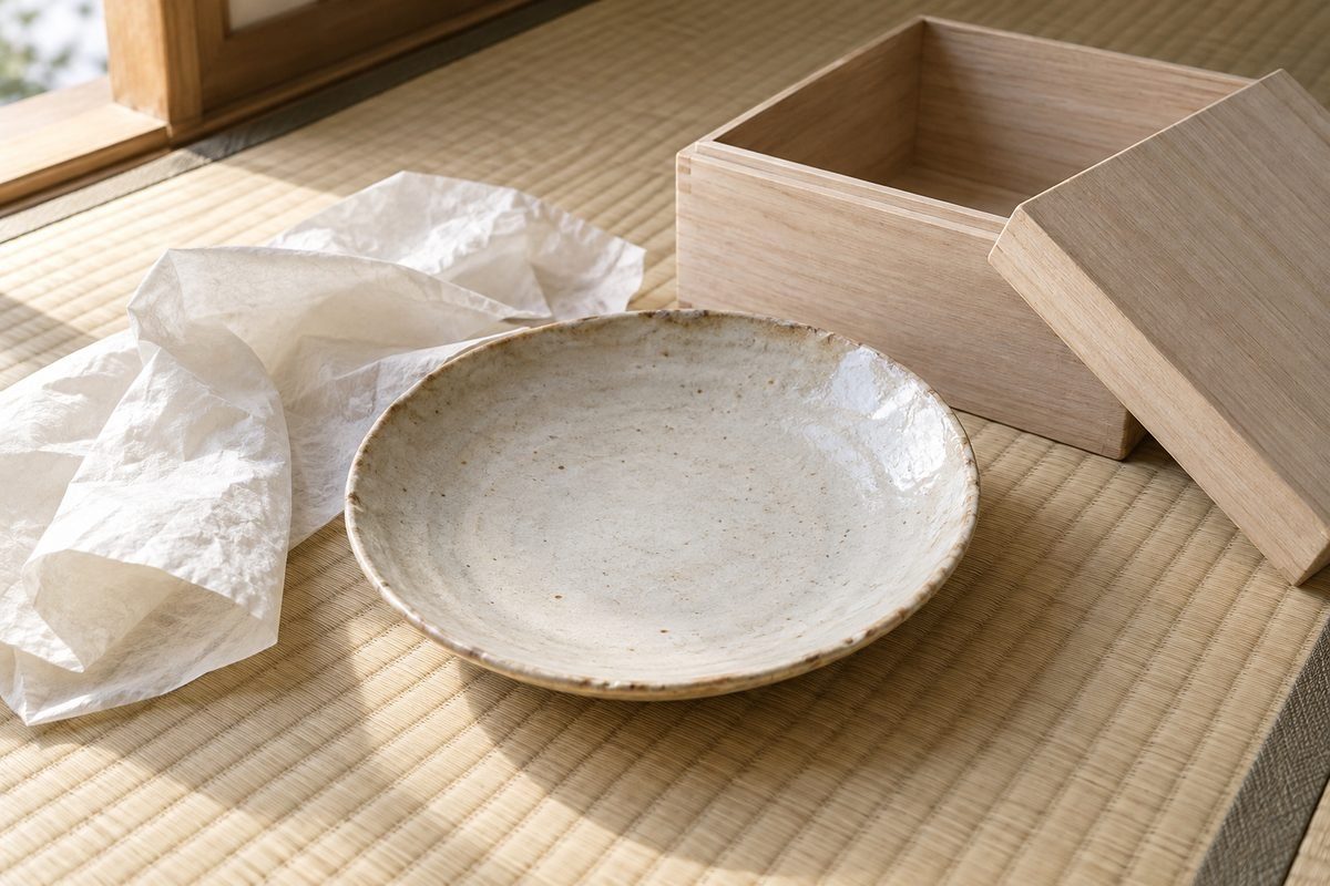 桐箱から出した古い皿と和紙、畳の上