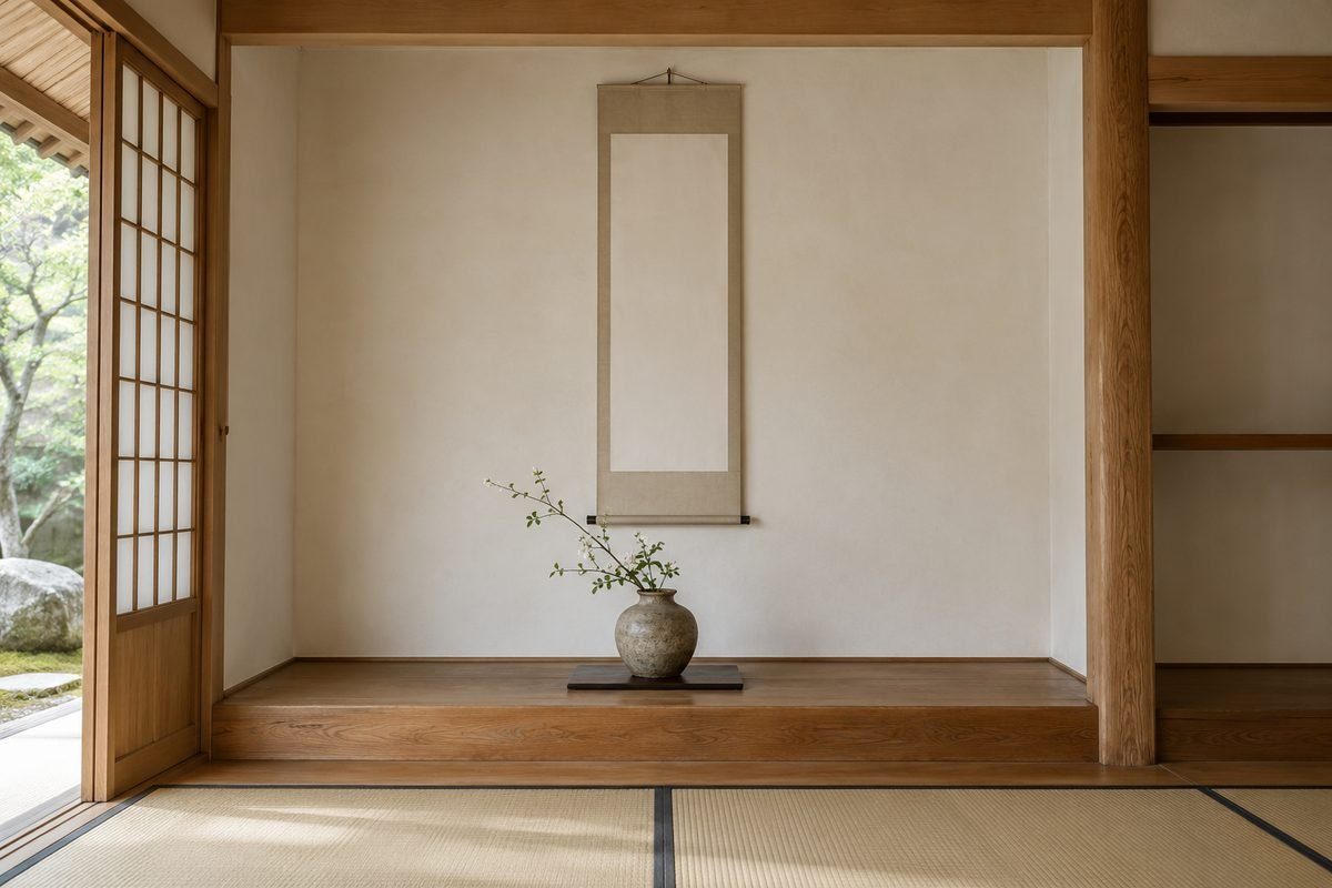 和室の床の間に掛けた絵柄のない掛け軸と骨董の花器