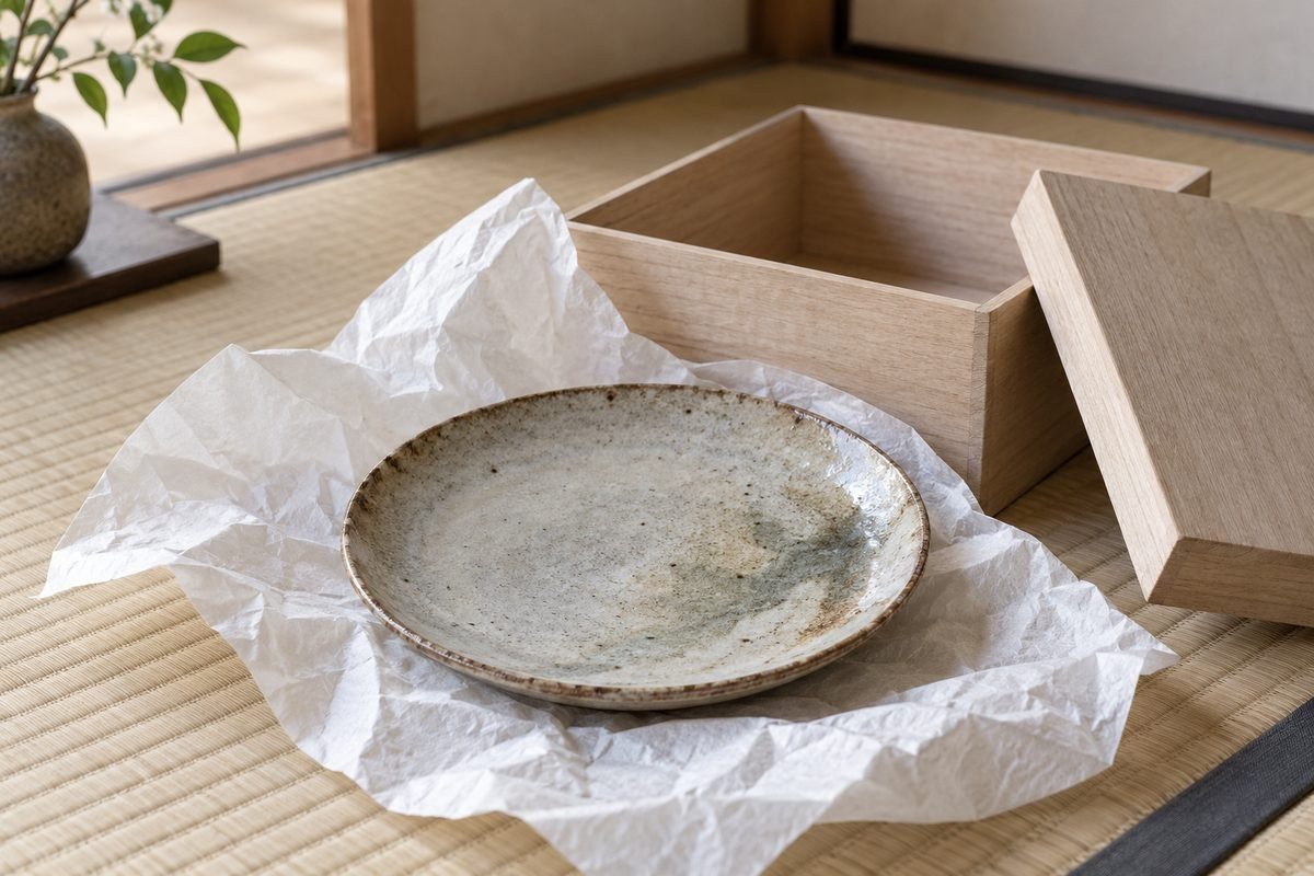 桐箱から出した古い皿と和紙、畳の上
