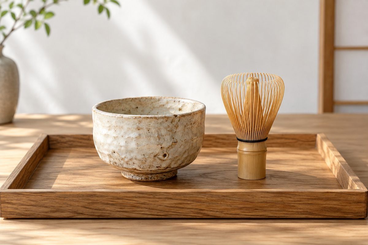 古い茶道具の茶碗と茶筅を置いた木の盆