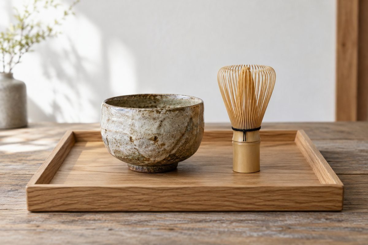 古い茶道具の茶碗と茶筅を置いた木の盆