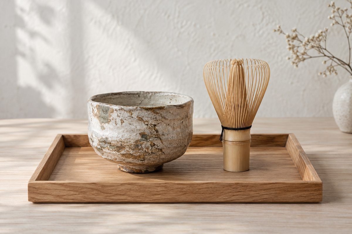 古い茶道具の茶碗と茶筅を置いた木の盆