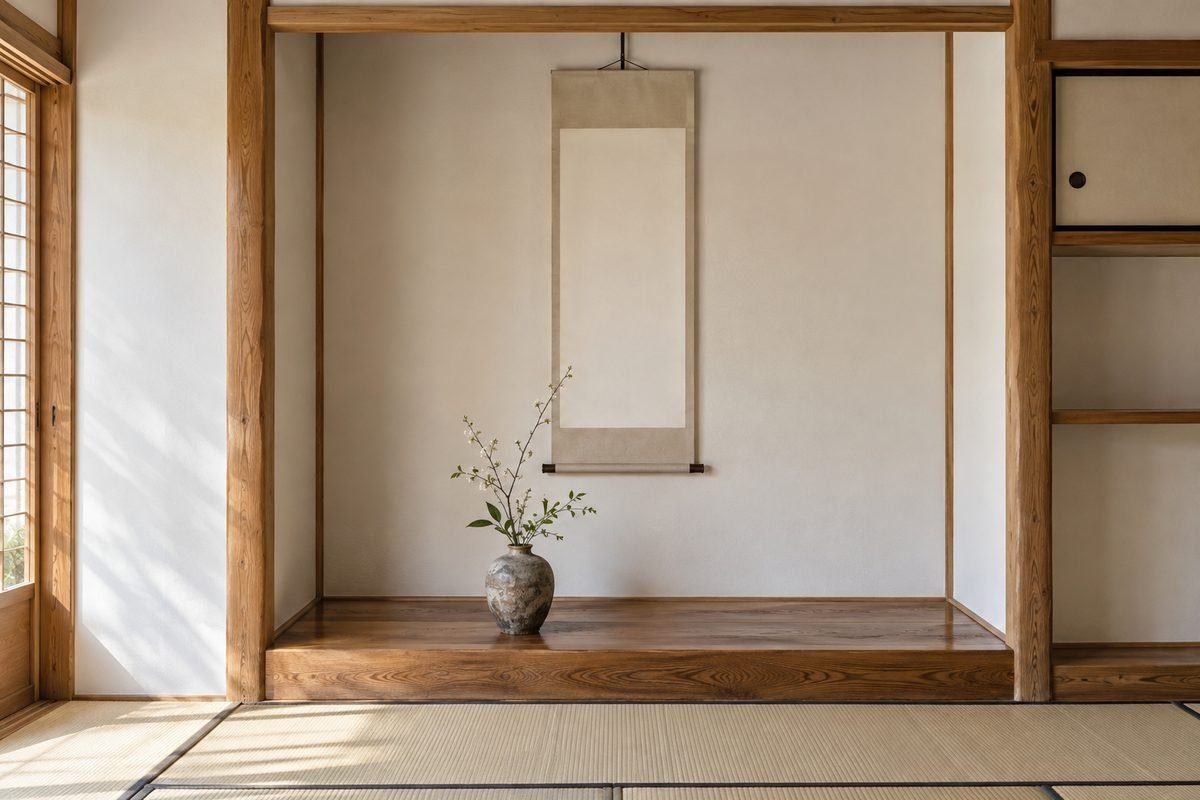 和室の床の間に掛けた絵柄のない掛け軸と骨董の花器