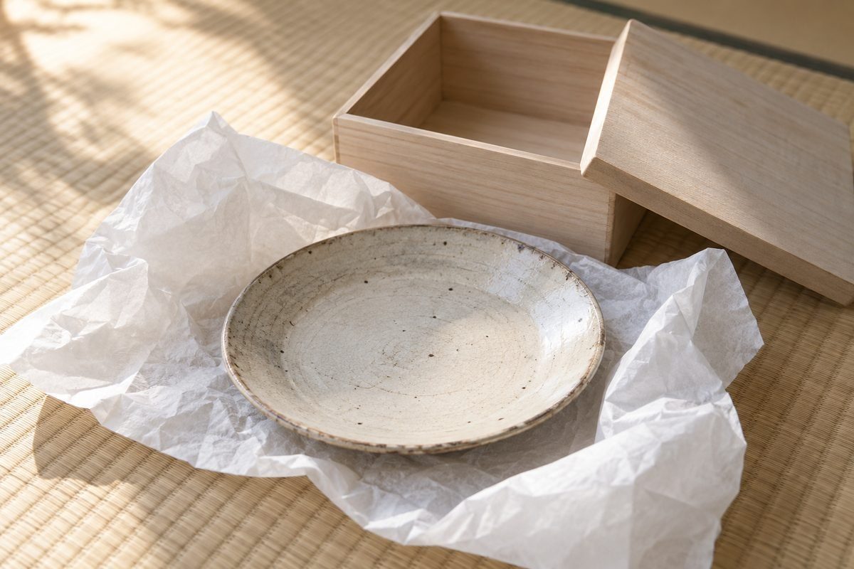 桐箱から出した古い皿と和紙、畳の上