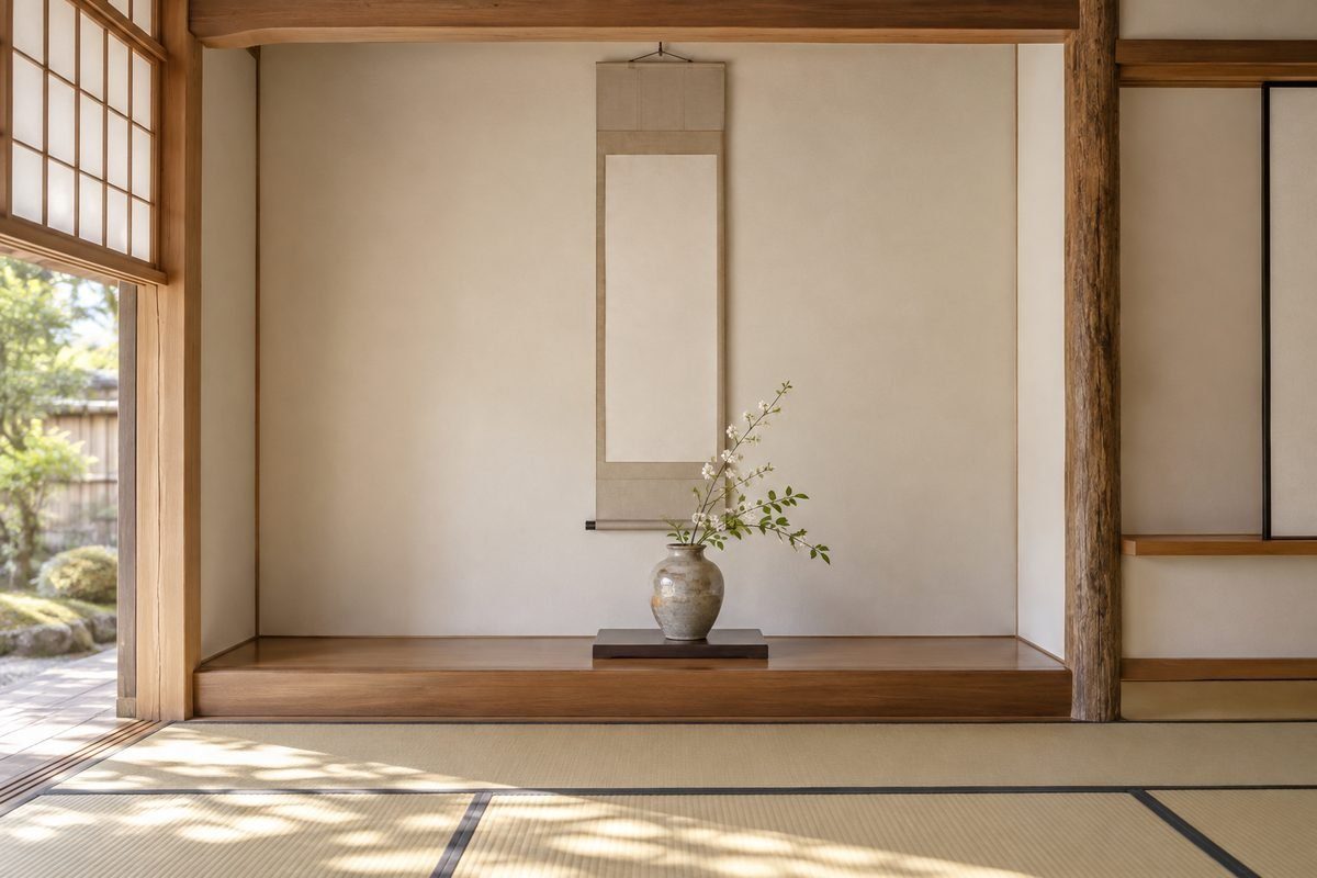 和室の床の間に掛けた絵柄のない掛け軸と骨董の花器