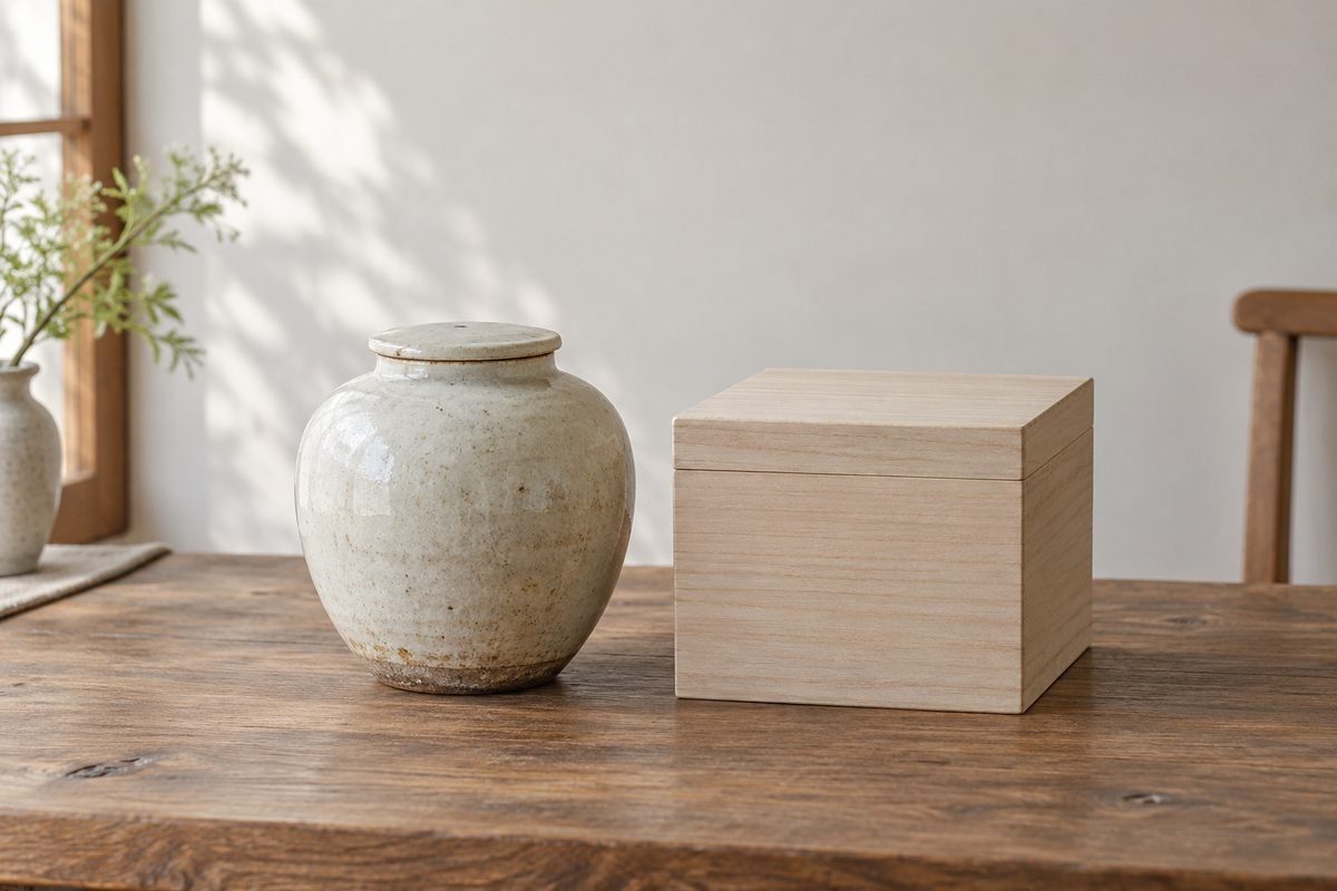 木の机に置いた古い陶磁器の壺と桐の箱、柔らかな自然光