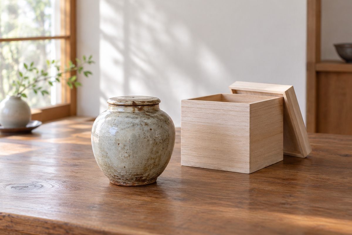 木の机に置いた古い陶磁器の壺と桐の箱、柔らかな自然光