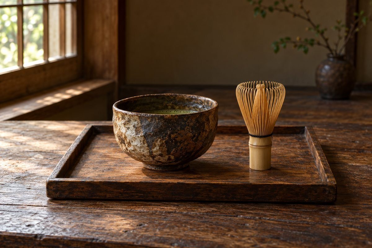 古い茶道具の茶碗と茶筅を置いた木の盆