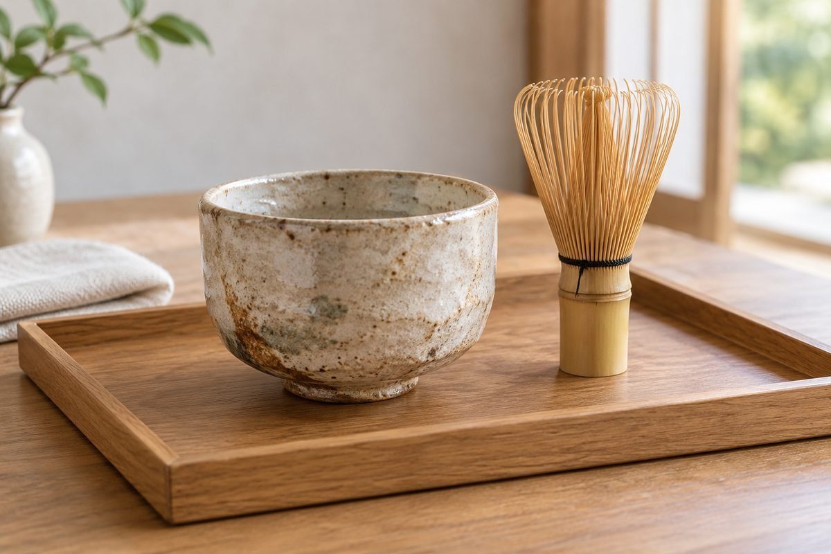古い茶道具の茶碗と茶筅を置いた木の盆