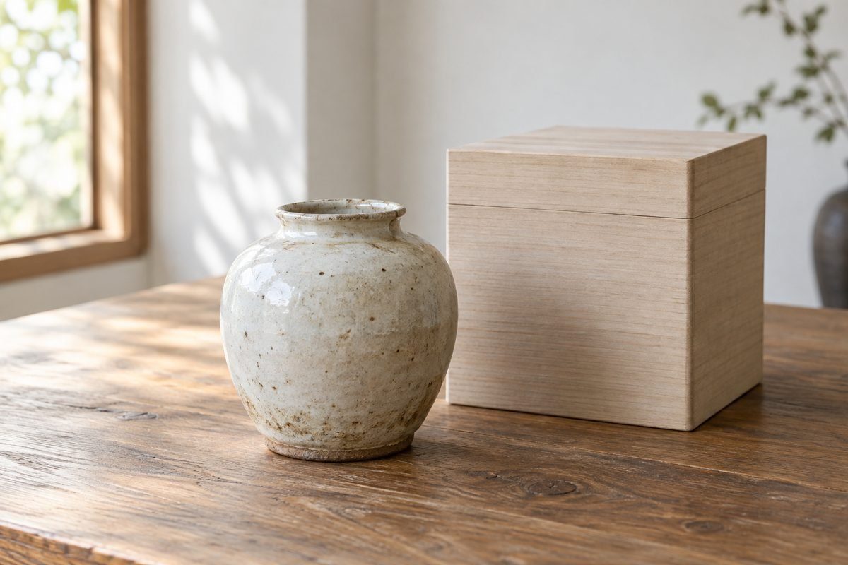 木の机に置いた古い陶磁器の壺と桐の箱、柔らかな自然光