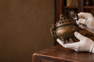 骨董の青銅香炉を手袋で持ち、ルーペを近づける手元