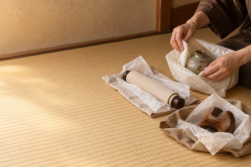 畳の上で陶器・掛軸・木彫品を別々に包み比べる手元