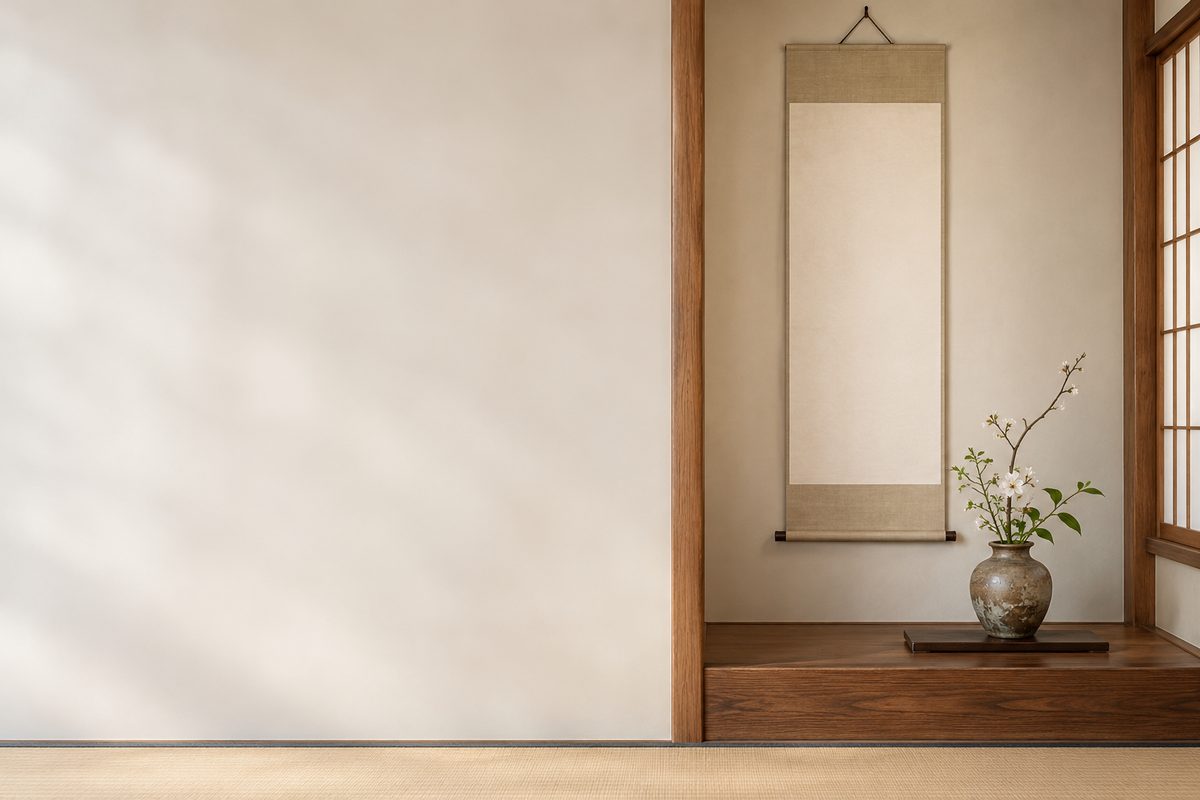 和室の床の間に掛けた絵柄のない掛け軸と骨董の花器