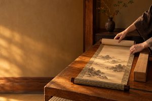 床の間で掛軸をゆっくり広げ、木箱を横に置く手元