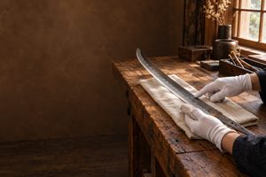 錆の浮いた刀身を布に置き、手袋で刃文を確かめる手元