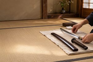 畳の上で日本刀の刀身と拵えを布に揃える手元