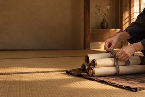 数本の掛軸を紙筒に収め、畳の上で布紐を結ぶ手元