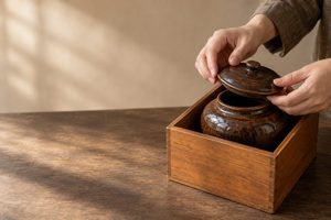 木箱に収めた陶器の蓋を合わせ、箱と本体を確認する手元