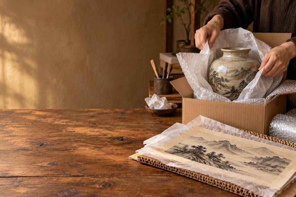 陶磁器の壺と水墨画を緩衝材で包み、発送準備をする手元