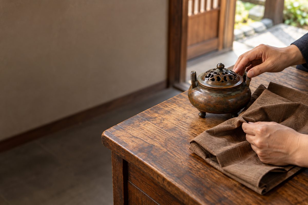 玄関脇の作業台で古い銅の香炉と包み布を並べ、査定に出す品を選り分ける手元