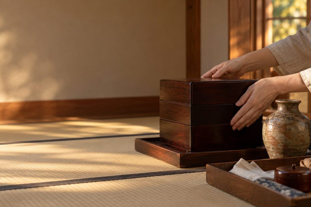 畳の上で漆塗りの重箱と花器を分け、形見を整理する手元