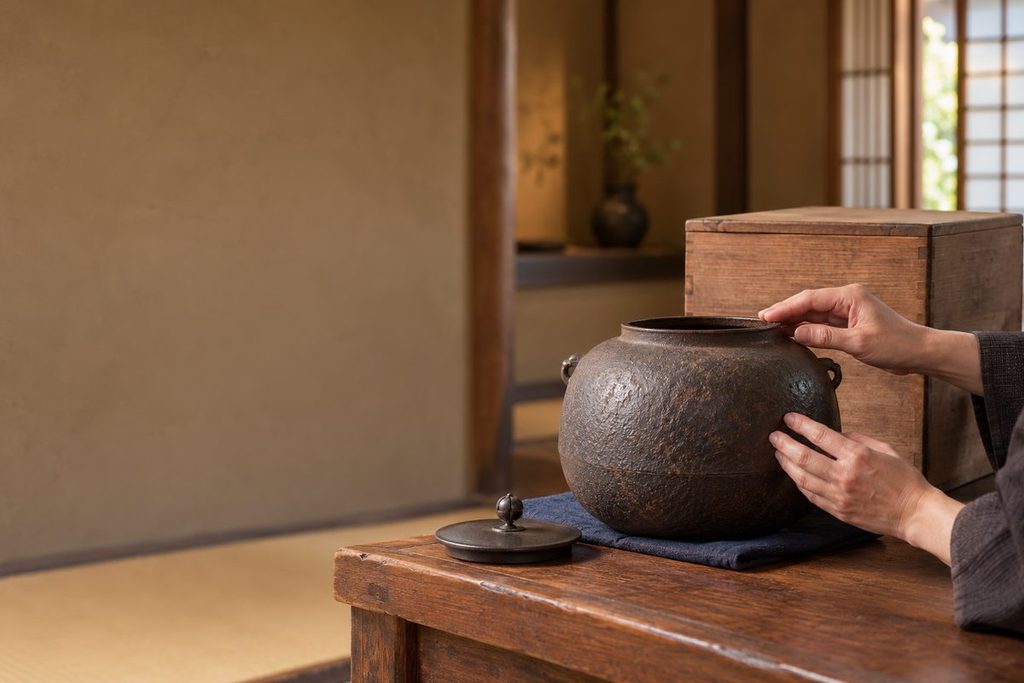 茶室で茶釜と共箱を並べ、茶道具の状態を確かめる手元