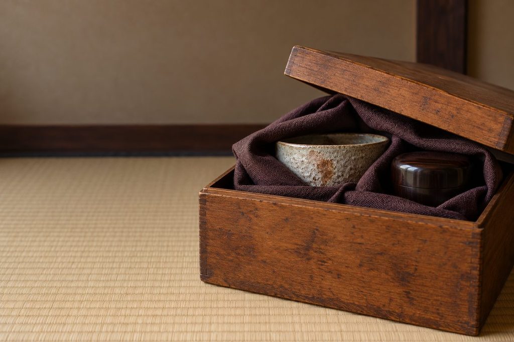 畳の上で茶碗と棗を風呂敷に包み、箱を閉じる手元